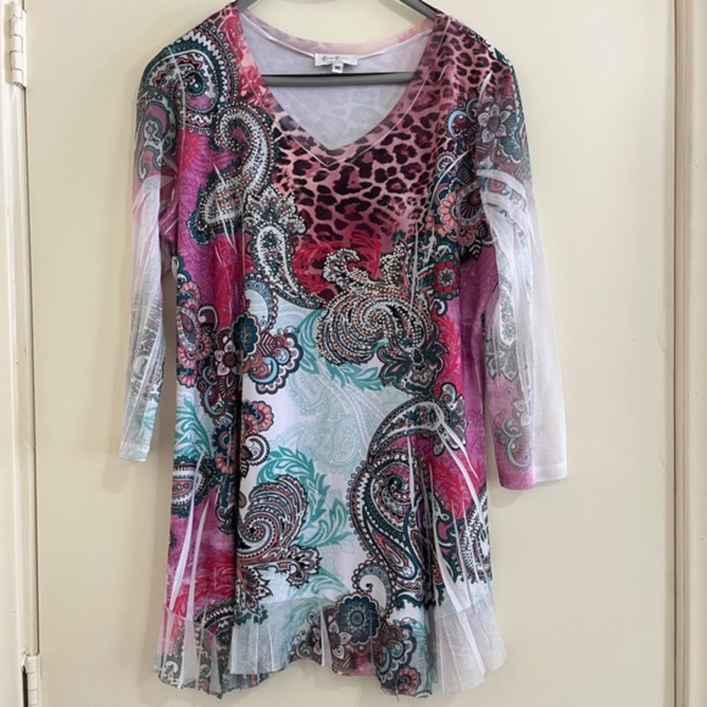 Cover Charge Womens Tunic‎ Top Medium Paisley Leopard Print Mesh Studded Boho